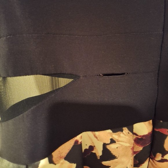 Navy Blue Tea Length Dress with Mesh Cut Outs and Floral Skirt - Picture 5 of 9